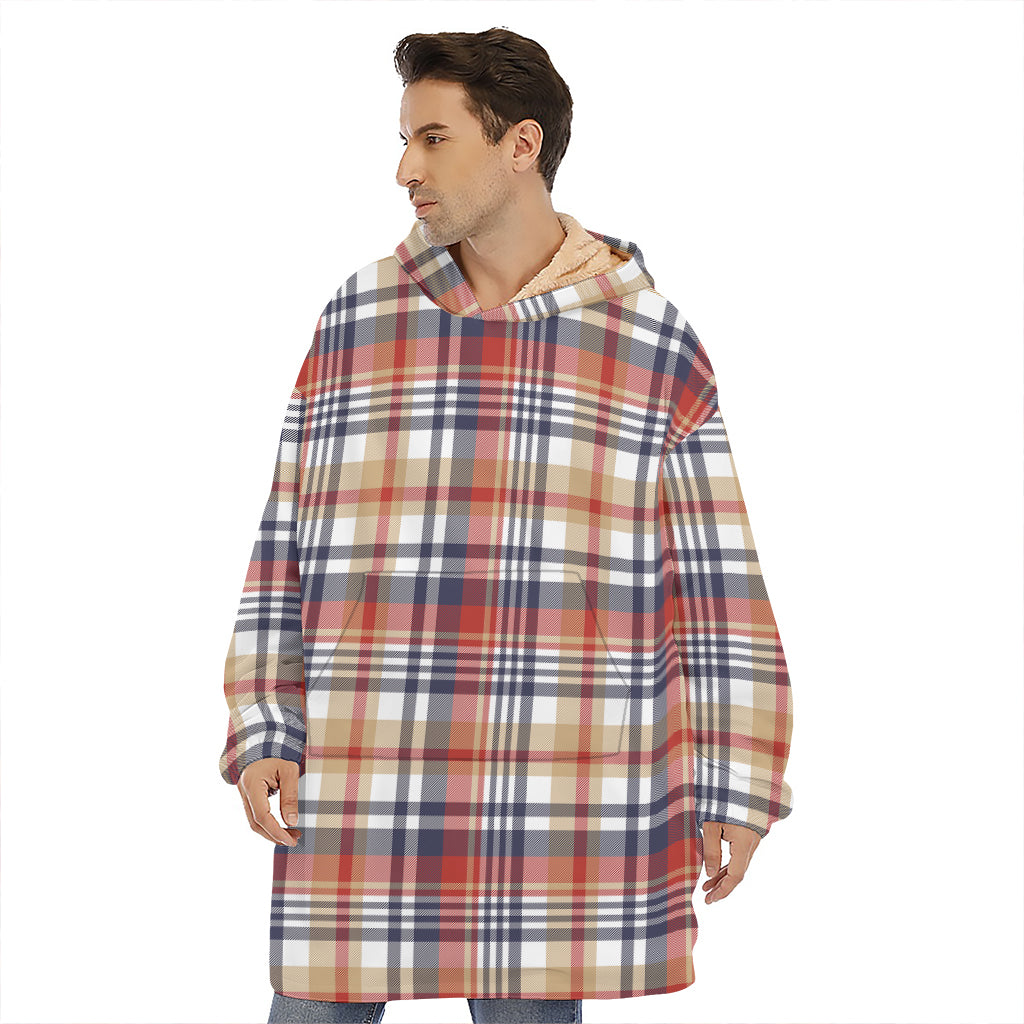 Red Blue And Beige Madras Plaid Print Hoodie Blanket
