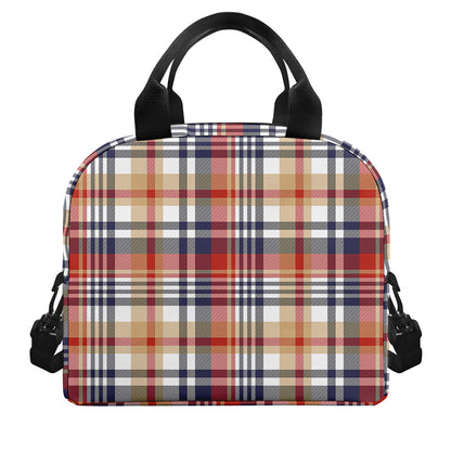 Red Blue And Beige Madras Plaid Print Insulated Lunch Bag