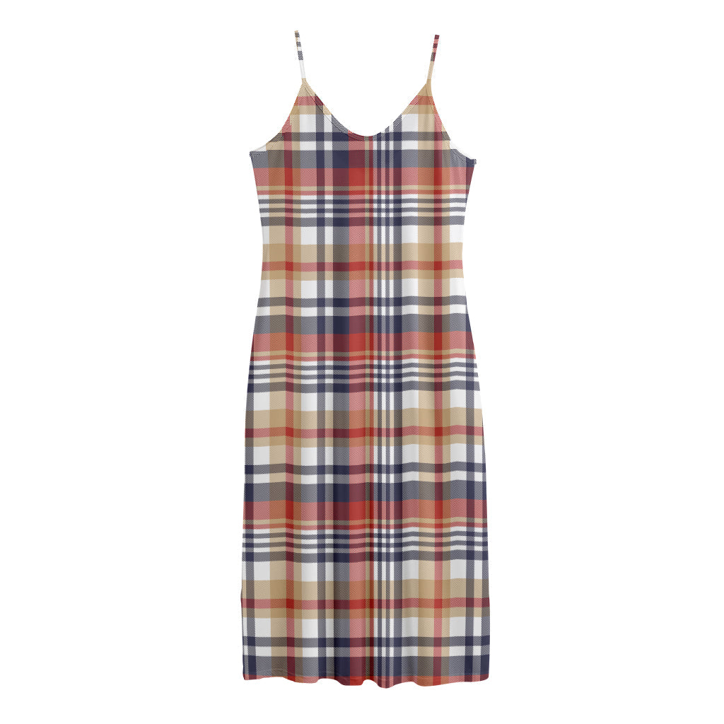 Red Blue And Beige Madras Plaid Print Jersey Midi Cami Dress