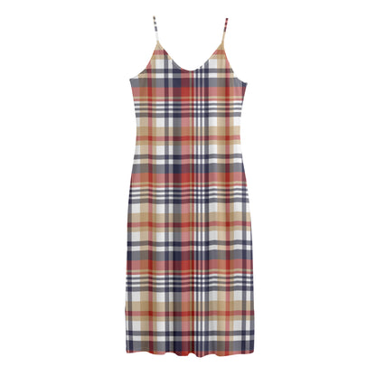 Red Blue And Beige Madras Plaid Print Jersey Midi Cami Dress