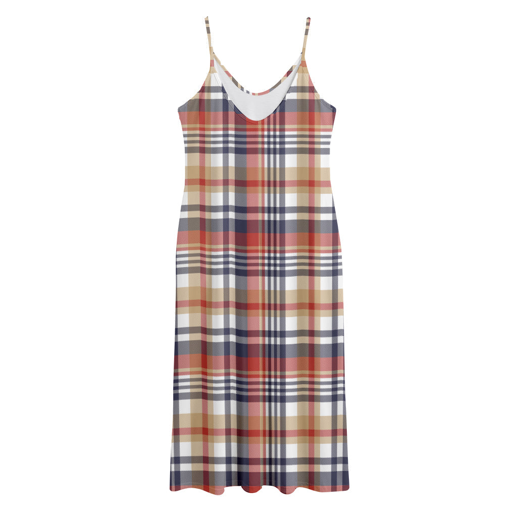 Red Blue And Beige Madras Plaid Print Jersey Midi Cami Dress