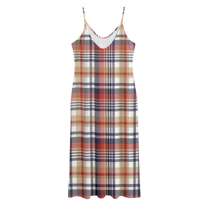 Red Blue And Beige Madras Plaid Print Jersey Midi Cami Dress