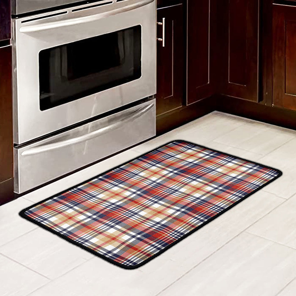 Red Blue And Beige Madras Plaid Print Kitchen Mat