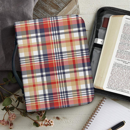 Red Blue And Beige Madras Plaid Print Leather Bible Cover