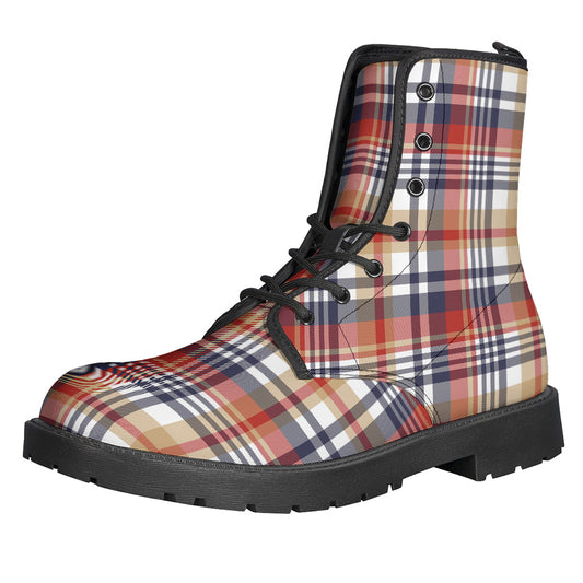 Red Blue And Beige Madras Plaid Print Backpack