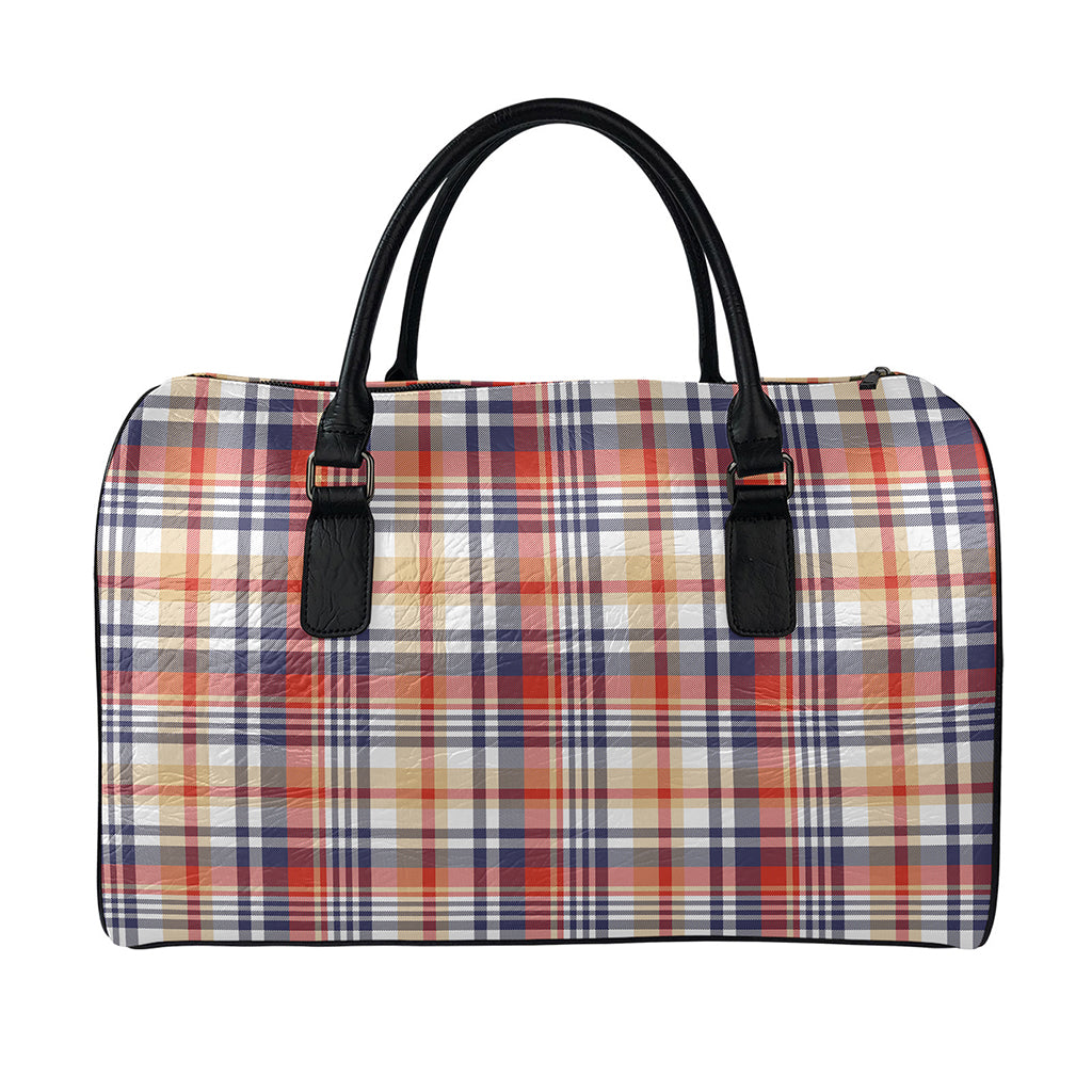 Red Blue And Beige Madras Plaid Print Leather Duffle Bag