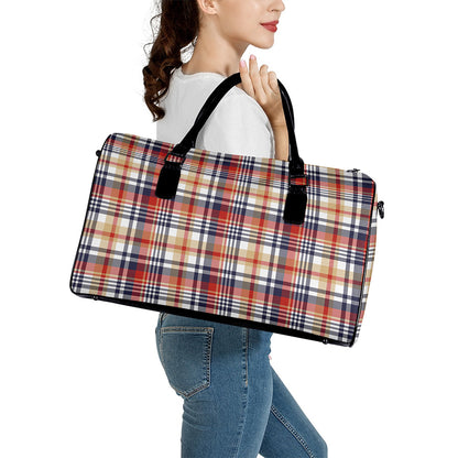 Red Blue And Beige Madras Plaid Print Leather Duffle Bag