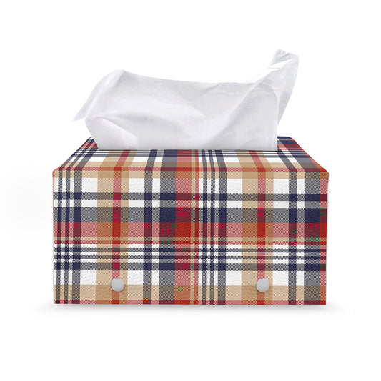 Red Blue And Beige Madras Plaid Print Leather Tissue Box Cover