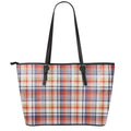 Red Blue And Beige Madras Plaid Print Leather Tote Bag With Zipper