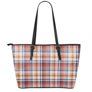 Red Blue And Beige Madras Plaid Print Leather Tote Bag