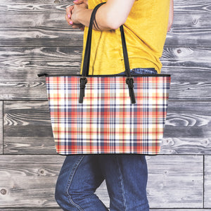 Red Blue And Beige Madras Plaid Print Leather Tote Bag