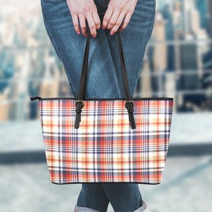 Red Blue And Beige Madras Plaid Print Leather Tote Bag