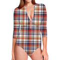 Red Blue And Beige Madras Plaid Print Long Sleeve Swimsuit