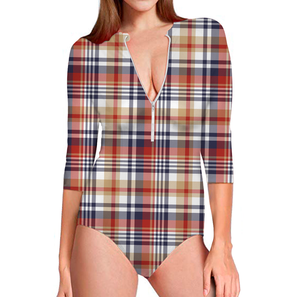 Red Blue And Beige Madras Plaid Print Long Sleeve Swimsuit