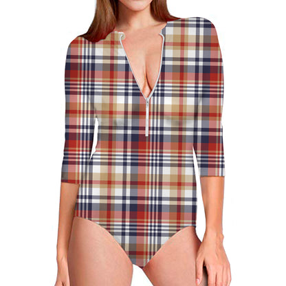 Red Blue And Beige Madras Plaid Print Long Sleeve Swimsuit