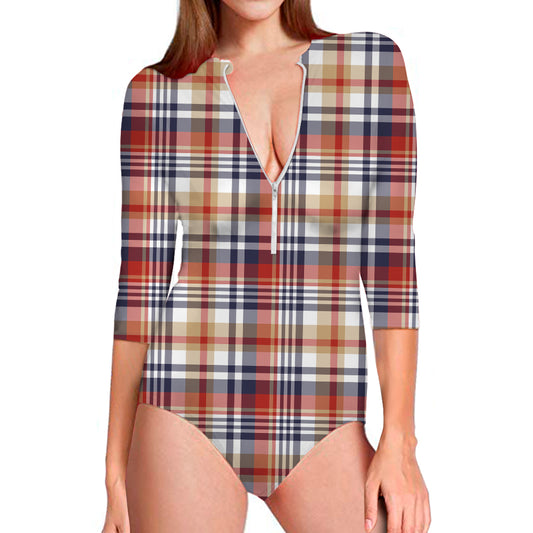 Red Blue And Beige Madras Plaid Print Long Sleeve Swimsuit