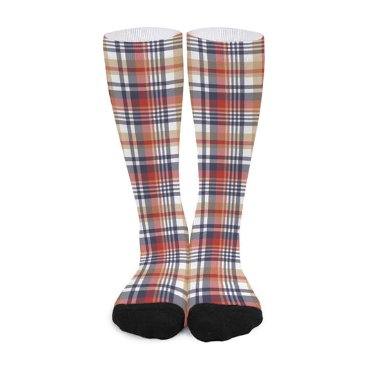 Red Blue And Beige Madras Plaid Print Long Socks