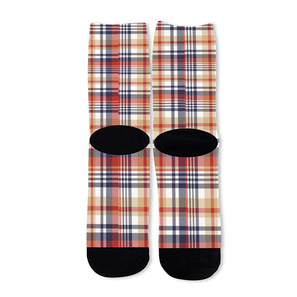 Red Blue And Beige Madras Plaid Print Long Socks
