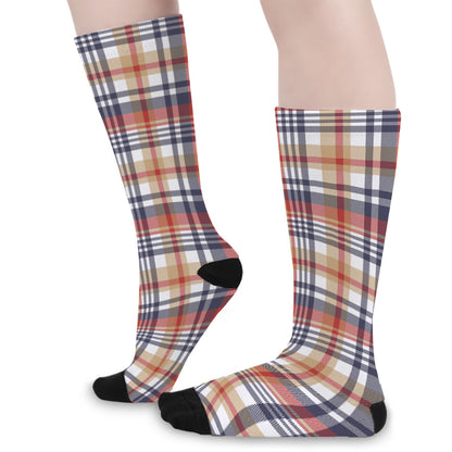 Red Blue And Beige Madras Plaid Print Long Socks