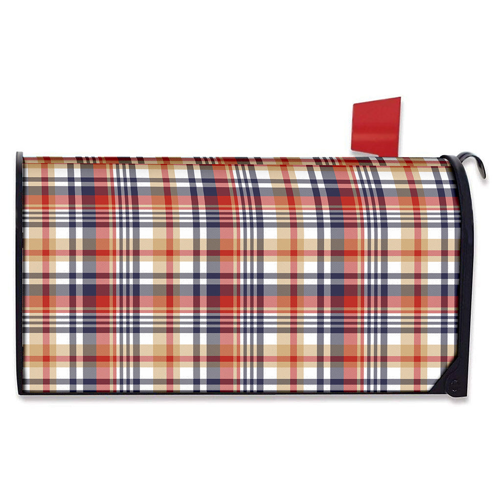 Red Blue And Beige Madras Plaid Print Mailbox Cover