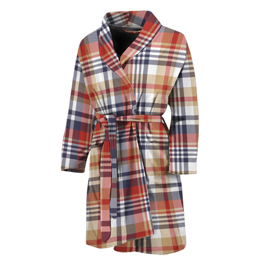 Red Blue And Beige Madras Plaid Print Men's Bathrobe