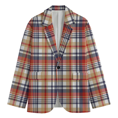 Red Blue And Beige Madras Plaid Print Men's Blazer