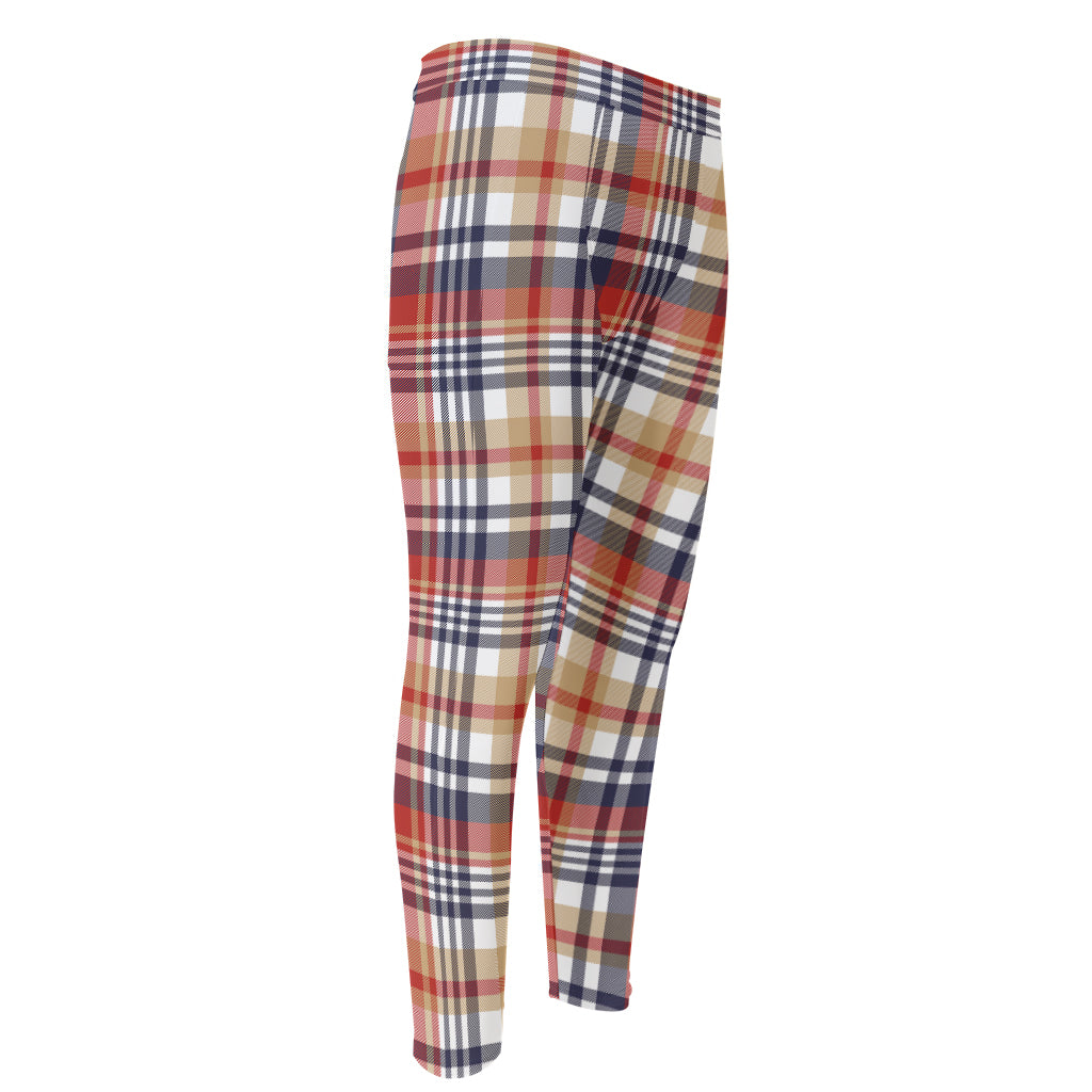 Red Blue And Beige Madras Plaid Print Men's Compression Pants