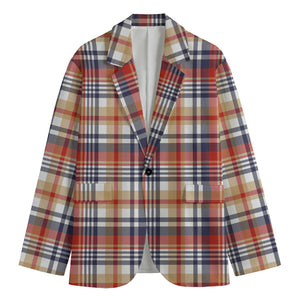 Red Blue And Beige Madras Plaid Print Men's Cotton Blazer