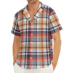 Red Blue And Beige Madras Plaid Print Men's Deep V-Neck Shirt