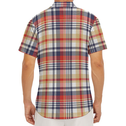 Red Blue And Beige Madras Plaid Print Men's Deep V-Neck Shirt
