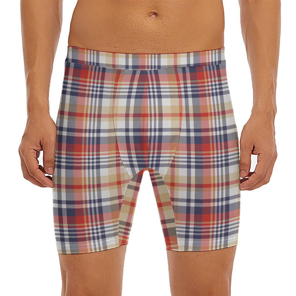 Red Blue And Beige Madras Plaid Print Men's Long Boxer Briefs