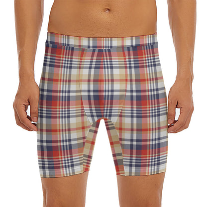 Red Blue And Beige Madras Plaid Print Men's Long Boxer Briefs