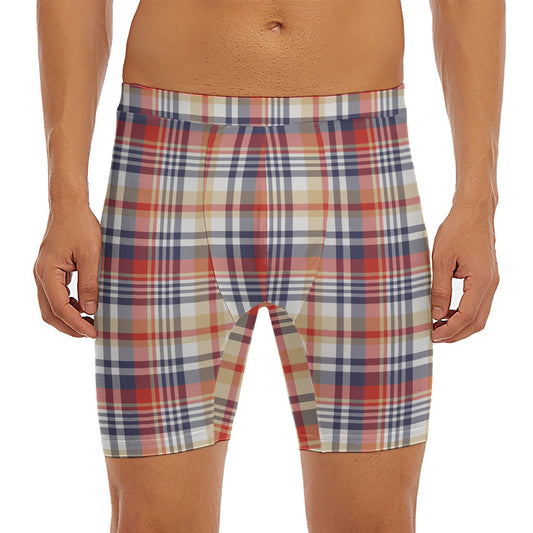 Red Blue And Beige Madras Plaid Print Men's Long Boxer Briefs