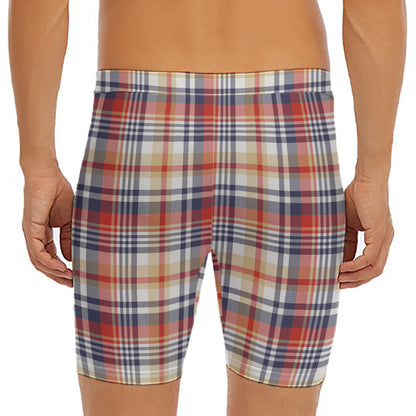 Red Blue And Beige Madras Plaid Print Men's Long Boxer Briefs