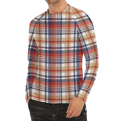 Red Blue And Beige Madras Plaid Print Men's Long Sleeve Rash Guard