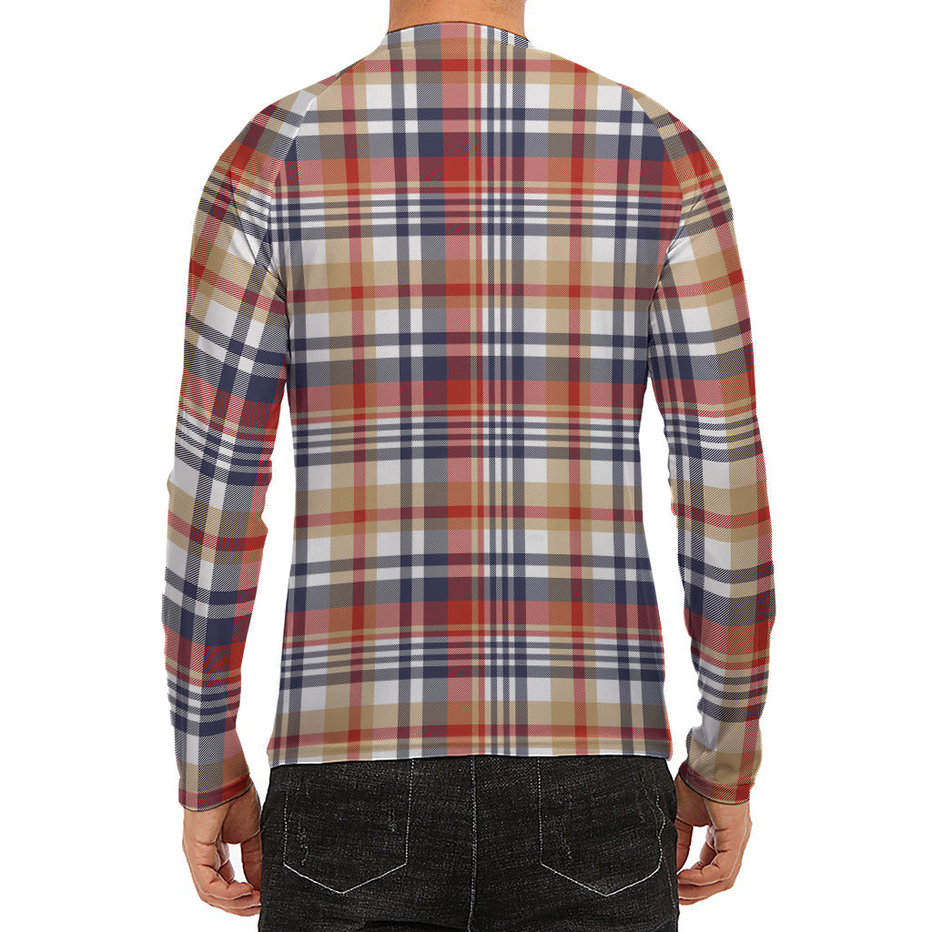 Red Blue And Beige Madras Plaid Print Men's Long Sleeve Rash Guard