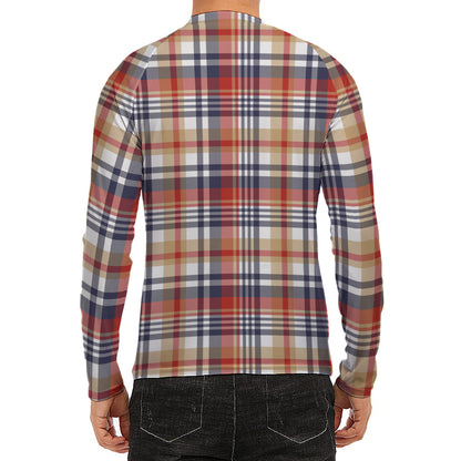 Red Blue And Beige Madras Plaid Print Men's Long Sleeve Rash Guard