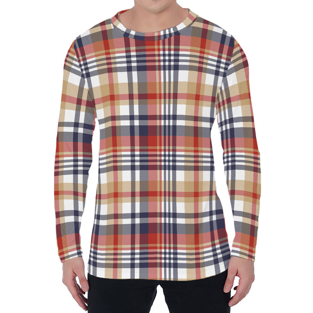 Red Blue And Beige Madras Plaid Print Men's Long Sleeve T-Shirt