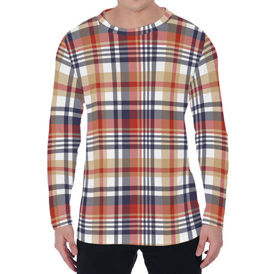 Red Blue And Beige Madras Plaid Print Men's Long Sleeve T-Shirt