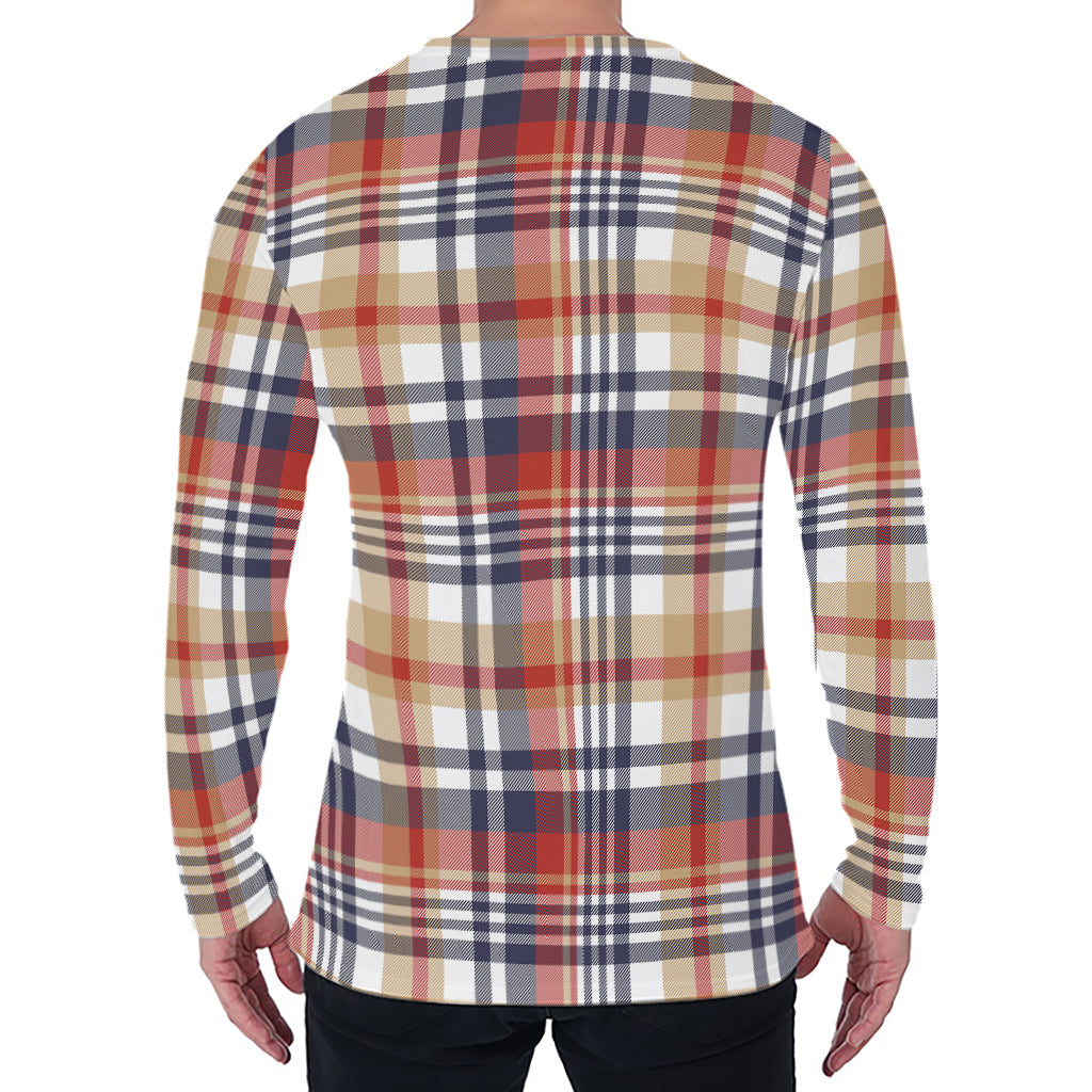 Red Blue And Beige Madras Plaid Print Men's Long Sleeve T-Shirt