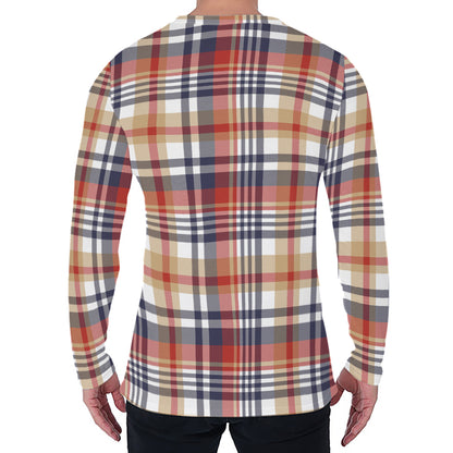 Red Blue And Beige Madras Plaid Print Men's Long Sleeve T-Shirt