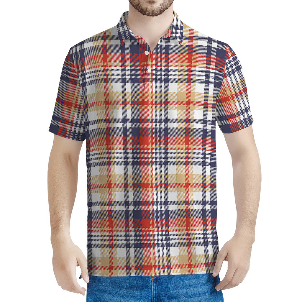 Red Blue And Beige Madras Plaid Print Men's Polo Shirt