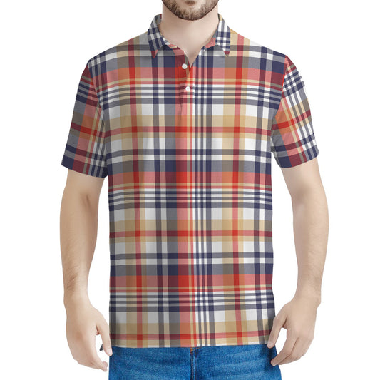 Red Blue And Beige Madras Plaid Print Men's Polo Shirt