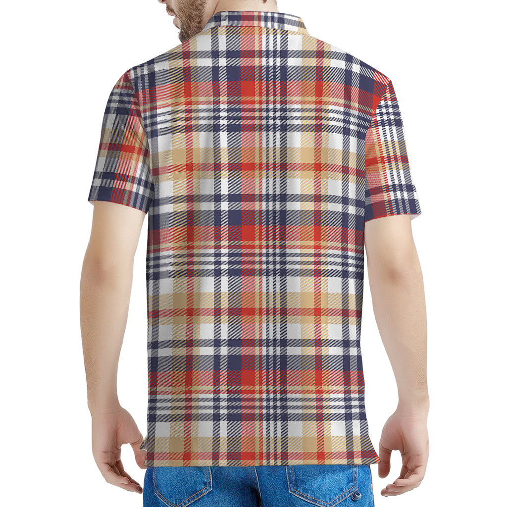 Red Blue And Beige Madras Plaid Print Men's Polo Shirt