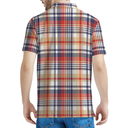 Red Blue And Beige Madras Plaid Print Men's Polo Shirt