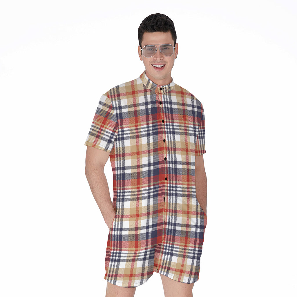 Red Blue And Beige Madras Plaid Print Men's Rompers
