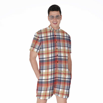 Red Blue And Beige Madras Plaid Print Men's Rompers