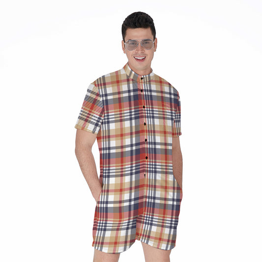 Red Blue And Beige Madras Plaid Print Men's Rompers