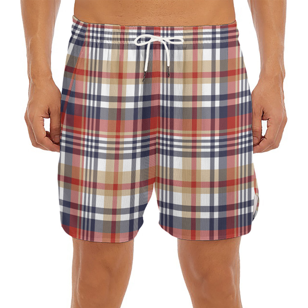 Red Blue And Beige Madras Plaid Print Men's Split Running Shorts