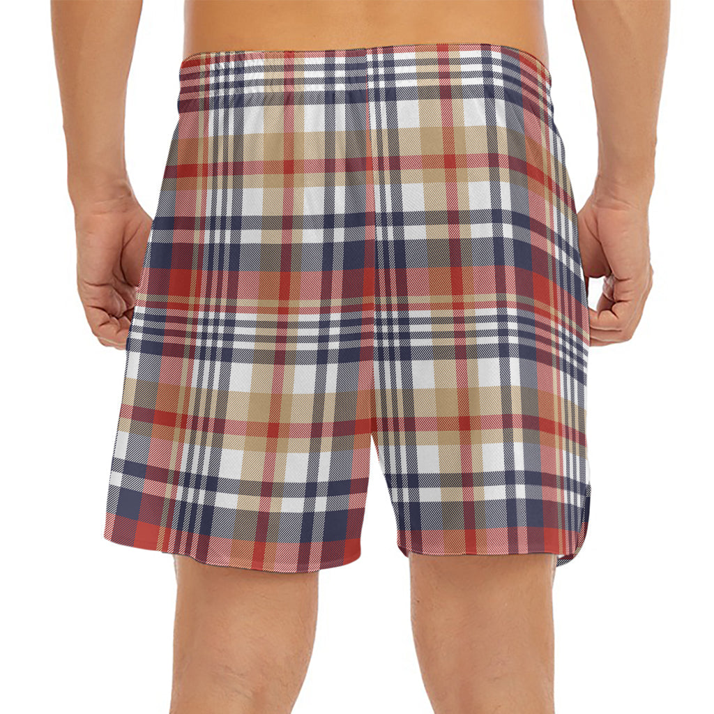 Red Blue And Beige Madras Plaid Print Men's Split Running Shorts